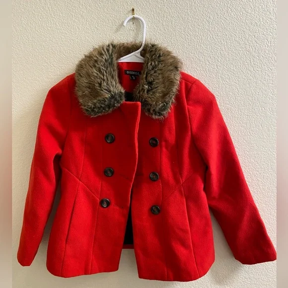 George Kids Scarlet Pea Coat with Faux Fur Trim - Picture 1 of 4